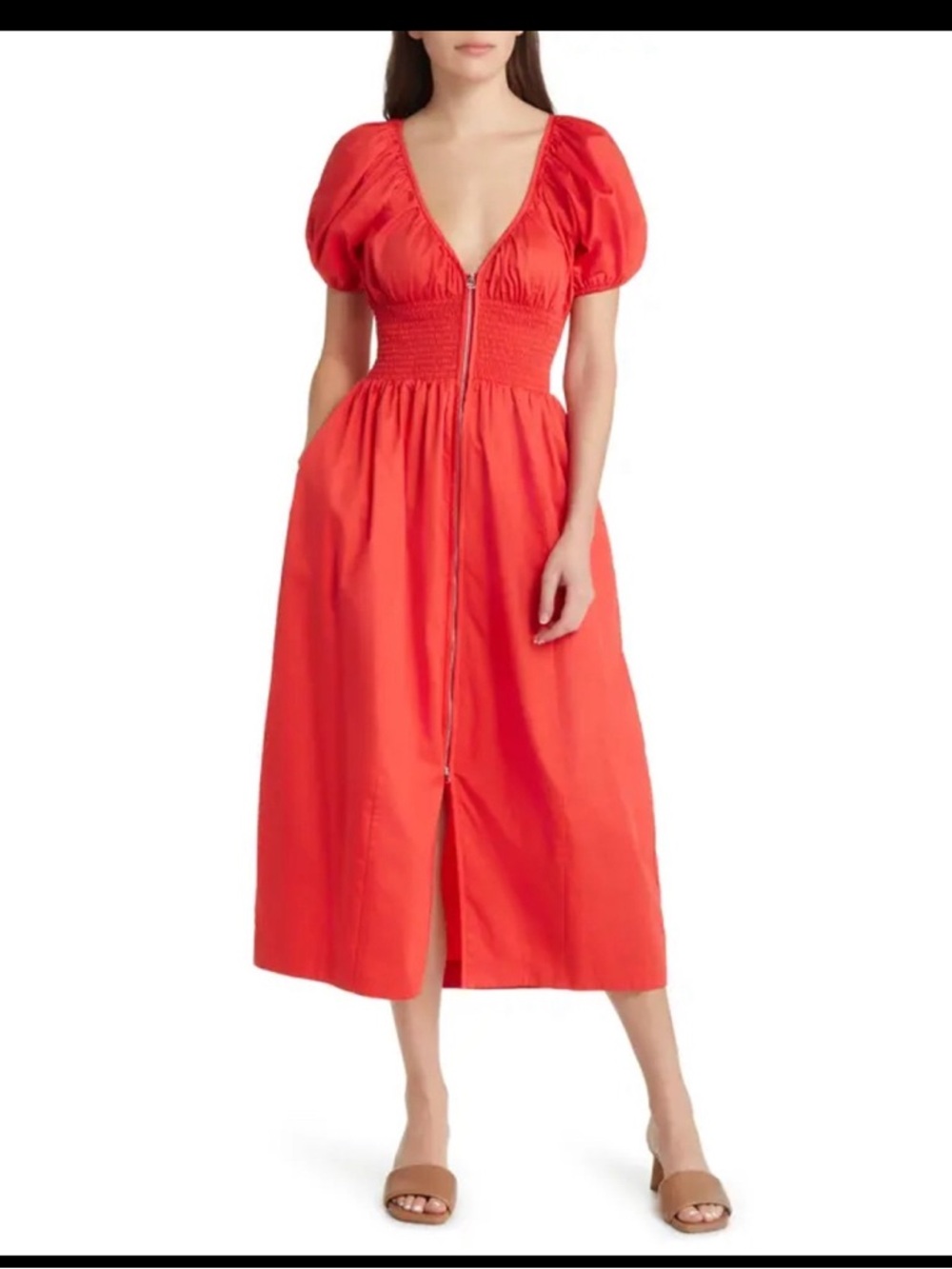 La Ligne Celina Poppy Red Puff-Sleeve Midi Dress with Smocked Waist
